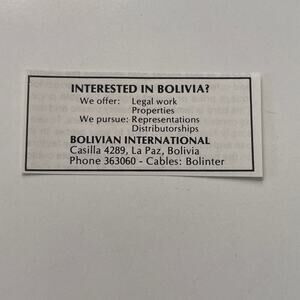 Bolivian International Legal Work La Paz Bolivia 1986 Mining Ad SJA3-S6